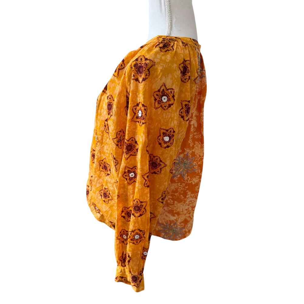Zara Indian Block Print Cotton Split Neck Embroidered Top Burnt Orange L - Picture 5 of 6